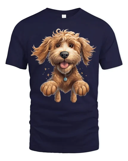 Happy Jumping Dog Tee with Cute Fluffy Puppy Cartoon Art - navy t-shirt on white background