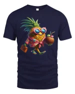 Tropical Pineapple Vacation Tee with Fun Cool Fruit Cartoon Art - navy t-shirt on white background