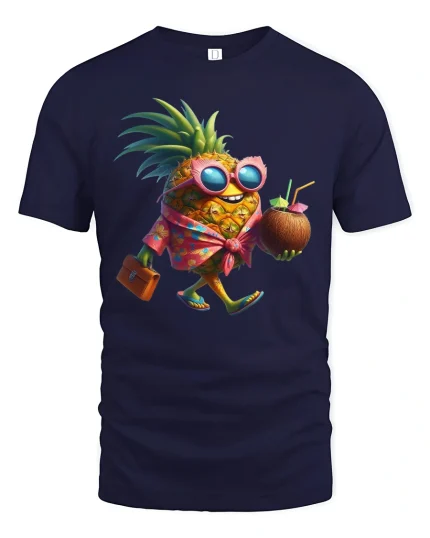 Tropical Pineapple Vacation Tee with Fun Cool Fruit Cartoon Art - navy t-shirt on white background