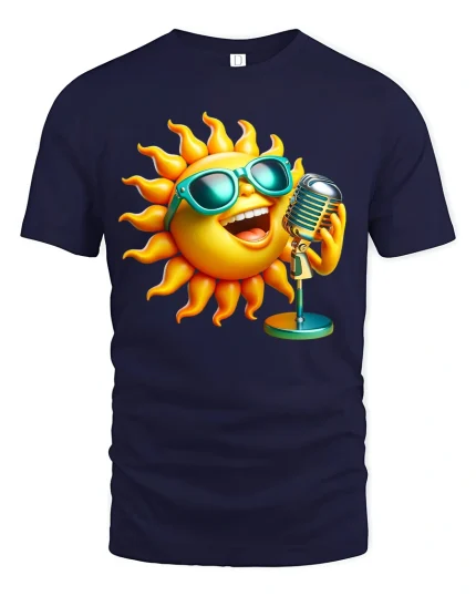 Singing Sun Tee with Cool Sunglasses and Fun Summer Cartoon Art - navy t-shirt on white background