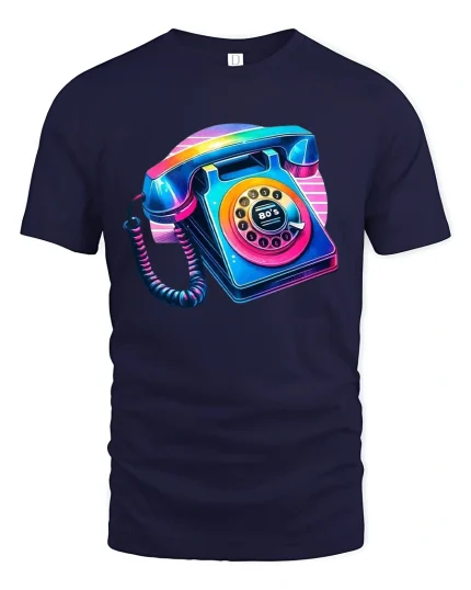 Retro 80s Phone Tee with Vibrant Neon Rotary Style Artwork - navy t-shirt on white background