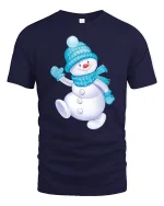 Cute Snowman Winter Tee with Cozy Blue Hat and Scarf Artwork - navy t-shirt on white background