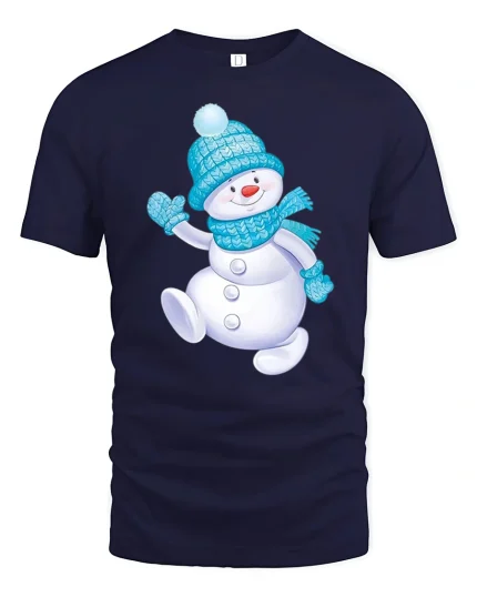 Cute Snowman Winter Tee with Cozy Blue Hat and Scarf Artwork - navy t-shirt on white background