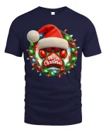Christmas Paw Print Tee with Santa Hat and Festive Light Wreath - navy t-shirt on white background