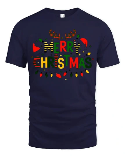 Merry Christmas Lights Tee with Reindeer Antlers Festive Design - navy t-shirt on white background