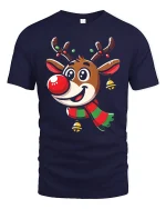 Cute Reindeer Christmas Tee with Festive Scarf and Jingle Bells - navy t-shirt on white background