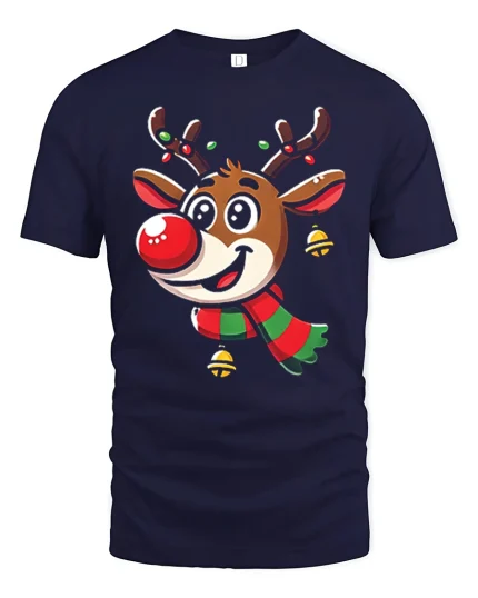 Cute Reindeer Christmas Tee with Festive Scarf and Jingle Bells - navy t-shirt on white background
