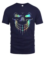 Holographic Dripping Skull Neon Glow Savage Graphic Art Tee - navy t-shirt on white background