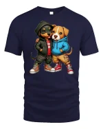 Hip Hop Puppy Duo Hoodie Street Style Cute Friends Graphic Tee - navy t-shirt on white background