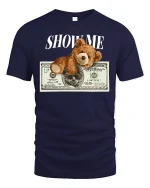 Show Me Money Teddy Bear Funny Cash Style Graphic Tee - navy t-shirt on white background