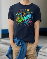Neon Gamer Gear Graphic Tee with Headset and Mouse Art - model wearing navy tee with hands in pockets