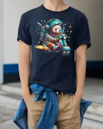 Space Explorer Bear Riding Scooter Tee with Cute Cosmic Art - model wearing navy tee with hands in pockets