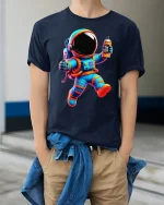 Color Splash Astronaut Tee with Vibrant Space Art Graphic - model wearing navy tee with hands in pockets