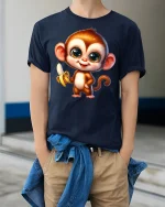 Cute Banana Monkey Tee with Big Eyes Adorable Cartoon Art - model wearing navy tee with hands in pockets