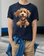 Happy Jumping Dog Tee with Cute Fluffy Puppy Cartoon Art - model wearing navy tee with hands in pockets
