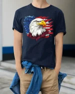 Patriotic Eagle Tee with Bold American Flag Graphic Artwork - model wearing navy tee with hands in pockets
