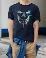 Holographic Dripping Skull Neon Glow Savage Graphic Art Tee - model wearing navy tee with hands in pockets