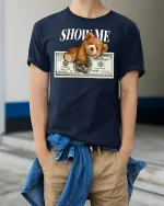 Show Me Money Teddy Bear Funny Cash Style Graphic Tee - model wearing navy tee with hands in pockets