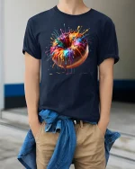 Color Splash Donut Art Tee with Vibrant Dripping Paint Design - model wearing navy tee with hands in pockets