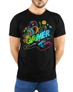 Neon Gamer Gear Graphic Tee with Headset and Mouse Art - model wearing black tee with hands behind back