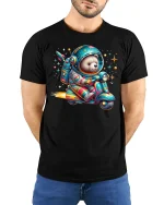 Space Explorer Bear Riding Scooter Tee with Cute Cosmic Art - model wearing black tee with hands behind back