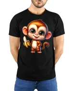 Cute Banana Monkey Tee with Big Eyes Adorable Cartoon Art - model wearing black tee with hands behind back