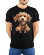 Happy Jumping Dog Tee with Cute Fluffy Puppy Cartoon Art - model wearing black tee with hands behind back
