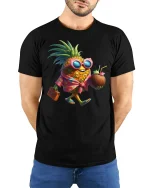 Tropical Pineapple Vacation Tee with Fun Cool Fruit Cartoon Art - model wearing black tee with hands behind back