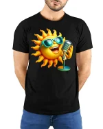 Singing Sun Tee with Cool Sunglasses and Fun Summer Cartoon Art - model wearing black tee with hands behind back