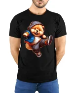 Hip Hop Cool Dog Hoodie Style Street Dance Cartoon Graphic Tee - model wearing black tee with hands behind back