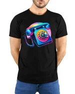 Retro 80s Phone Tee with Vibrant Neon Rotary Style Artwork - model wearing black tee with hands behind back
