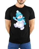 Cute Snowman Winter Tee with Cozy Blue Hat and Scarf Artwork - model wearing black tee with hands behind back