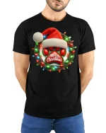 Christmas Paw Print Tee with Santa Hat and Festive Light Wreath - model wearing black tee with hands behind back