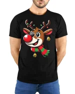 Cute Reindeer Christmas Tee with Festive Scarf and Jingle Bells - model wearing black tee with hands behind back