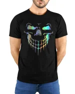 Holographic Dripping Skull Neon Glow Savage Graphic Art Tee - model wearing black tee with hands behind back