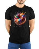 Color Splash Donut Art Tee with Vibrant Dripping Paint Design - model wearing black tee with hands behind back