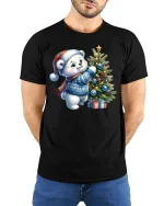 Cute Polar Bear Christmas Tree Decorating Holiday Tee - model wearing black tee with hands behind back