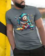 Space Explorer Bear Riding Scooter Tee with Cute Cosmic Art - model wearing grey tee, leaning on column