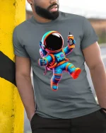 Color Splash Astronaut Tee with Vibrant Space Art Graphic - model wearing grey tee, leaning on column