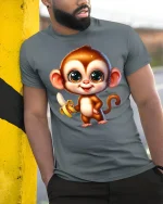 Cute Banana Monkey Tee with Big Eyes Adorable Cartoon Art - model wearing grey tee, leaning on column