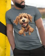 Happy Jumping Dog Tee with Cute Fluffy Puppy Cartoon Art - model wearing grey tee, leaning on column