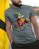 Tropical Pineapple Vacation Tee with Fun Cool Fruit Cartoon Art - model wearing grey tee, leaning on column