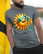 Singing Sun Tee with Cool Sunglasses and Fun Summer Cartoon Art - model wearing grey tee, leaning on column