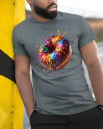 Color Splash Donut Art Tee with Vibrant Dripping Paint Design - model wearing grey tee, leaning on column