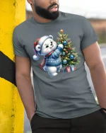 Cute Polar Bear Christmas Tree Decorating Holiday Tee - model wearing grey tee, leaning on column