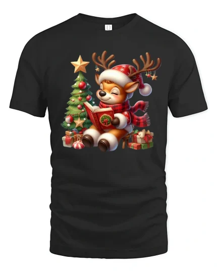 Cute Christmas Reindeer Tee with Storybook and Festive Tree Joy - black t-shirt on white background