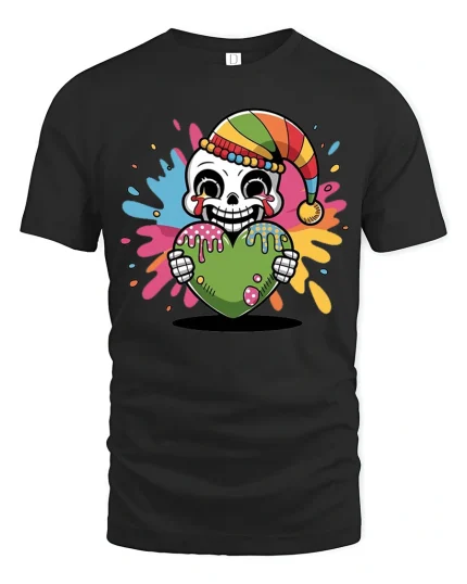Colorful Skeleton Heart Tee with Fun Drip Art and Playful Style - black t-shirt on white background