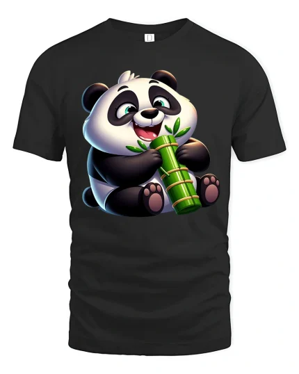 Cute Panda Bamboo Tee with Adorable Smiling Cartoon Style - black t-shirt on white background