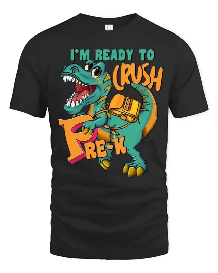 Funny Dino Pre-K Crush Tee with Cute Back to School Style - black t-shirt on white background