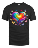 Colorful Heart Butterfly Tee with Vibrant Rainbow Art Style - black t-shirt on white background